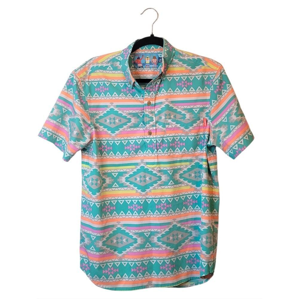 Chubbies Neon Turquoise Aztec Print Short-Sleeve Shirt Men's Size S